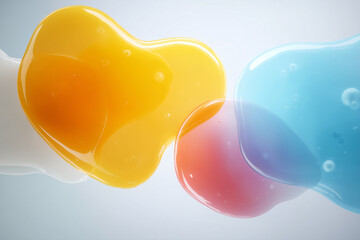 an abstract group of dimensional blobs, with a liquid glass effect, the background is a simple soft white