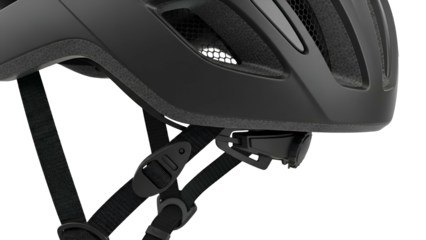 Close-up of a matte black bicycle helmet with straps, vents, and a reflective element
