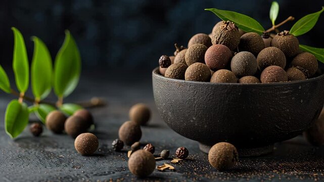 Bowl of Raw Longan Fruit with Leaves and Dark Background Exotic Healthy Food Photography