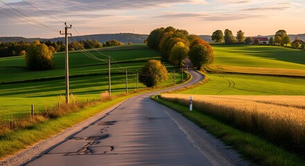 Winding road through lush green fields under a warm sunset sky