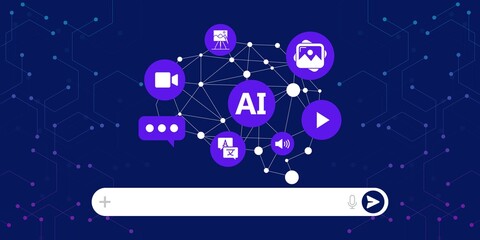 Fototapeta premium AI generative art and media content creation, Future of media, AI processing video, image, and audio, AI technology for multimedia and digital art production