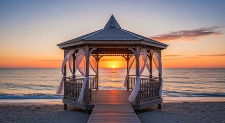 Wooden gazebo on a beach at sunset with ocean view and soft lighting