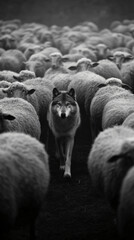 a wolf walking in the heard of sheep towards the camera. Black and white and dramatic for inspiration