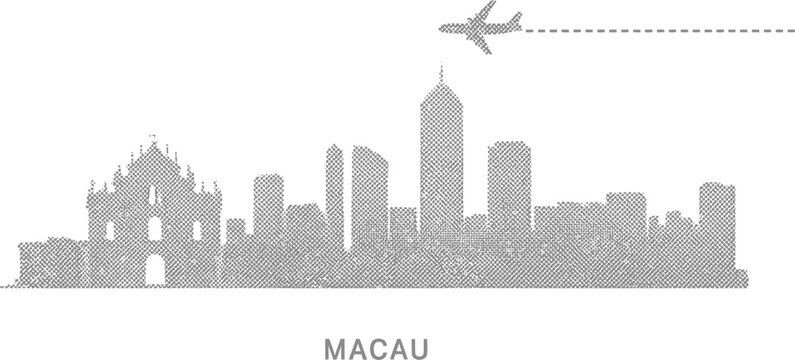 Macau Skyline with Airplane and Dotted Line Path