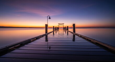 Wooden pier stretches over calm water towards a colorful sunset sky