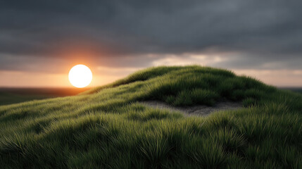 Fototapeta premium Giant sunset over grassy hill with dramatic sky, peaceful landscape, nature scene, outdoor beauty, tranquil evening