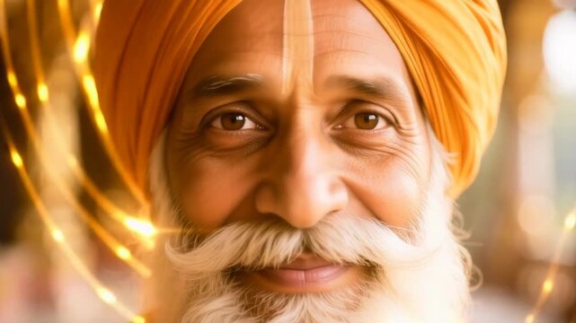 Stunning Guru Nanak Dev Ji Portrait in Golden Light A Spiritual Journey of Peace, Wisdom, and Divine Compassion in Cinematic 4k Video Footage