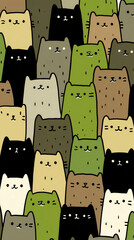 a seamless repeating pattern made of cute cartoon cats, kawaii style with round heads, tiny ears, minimal facial features and simple poses, arranged in a playful layout