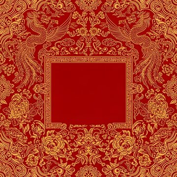 Elegant traditional Asian red and gold pattern with intricate phoenixes and floral motifs, framing a blank center for festive invitations or cultural designs