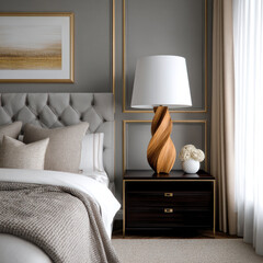 Elegant luxury bedroom with tufted headboard, wooden lamp, neutral bedding, and cozy atmosphere, natural light streaming through window
