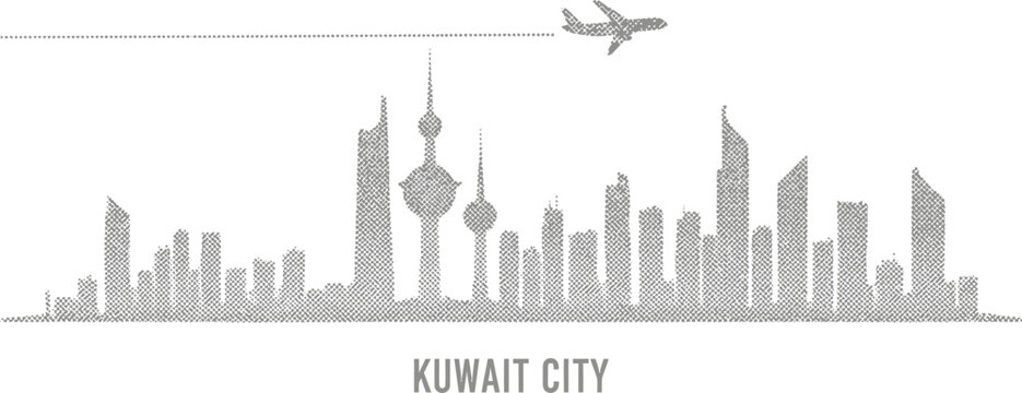 Kuwait City Skyline with Airplane Traveling Across Sky