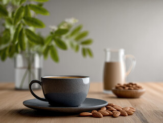 Coffee cup with saucer and almond on wooden table, glass pitcher of almond milk, green plant in vase, calm morning light