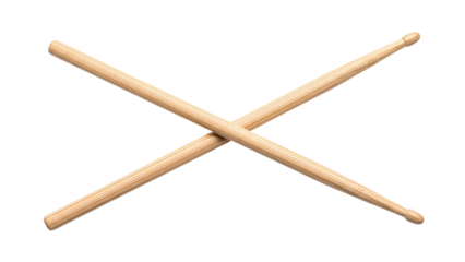 Two wooden drumsticks crossed against a black background. Detail in the wood grain