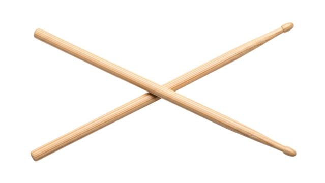 Two wooden drumsticks crossed against a black background. Detail in the wood grain