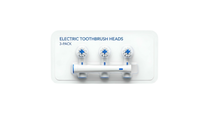 Three electric toothbrush heads in a white blister pack against a black background