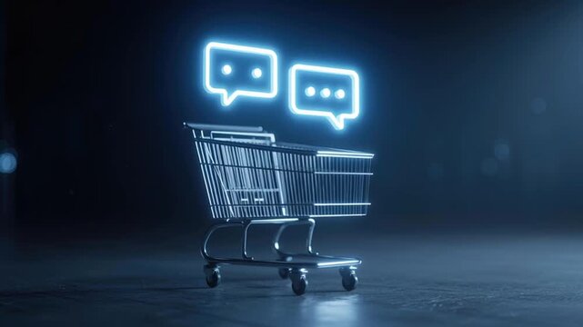 Ecommerce product advisor bot chat bubbles and shopping cart icons glowing in dark background for online retail support concept