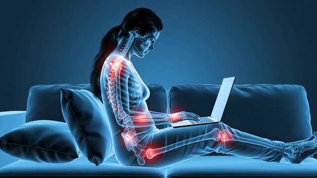 Digital illustration depicting human female skeleton with highlighted joints