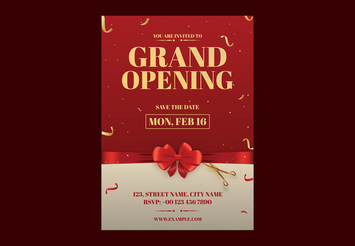 Editable Grand Opening, Ribbon Cutting Invitation Flyer Template with Event Details in Red and Beige Color.