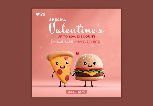 Editable Happy Valentine&rsquo;s Day Sale Social Media Post Template with Cute 3D Render of Pizza and Burger Characters for Restaurants and Cafes.
