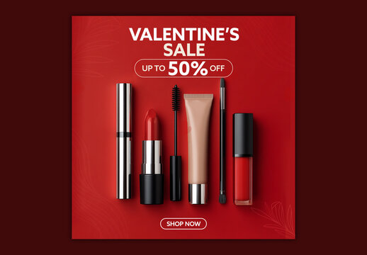 Editable Happy Valentine&rsquo;s Day Sale Social Media Post Template with 50% Discount Offer on Cosmetics Items.