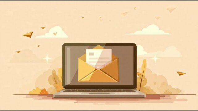 Laptop displays an email message with envelope in a digital communication concept, representing modern correspondence and connectivity in soft pastel tones.