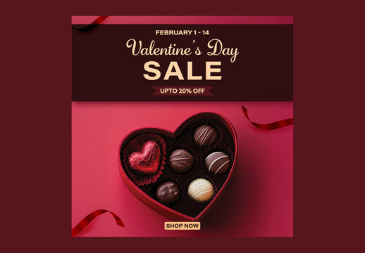 Editable Happy Valentine&rsquo;s Day Sale Social Media Post Template with Open Chocolate Box in Red and Black Color for Valentines Weekend.