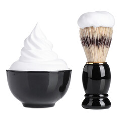 Shaving Ritual: A classic shaving brush and a bowl brimming with creamy lather, evoking a sense of traditional grooming and personal care.