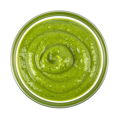 Vibrant Green Sauce: An overhead perspective of a delectable, vibrant green sauce, swirled to perfection in a clear glass bowl, inviting culinary delight.