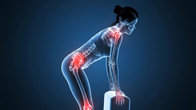 illustration of woman bending forward with joint pain highlighted in digital