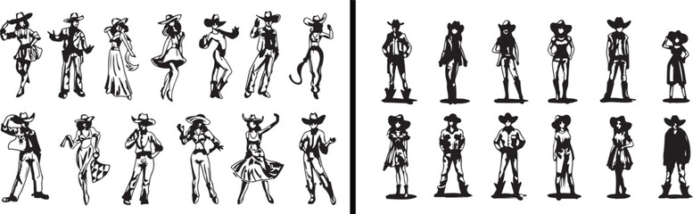 western dancer vector, cowboy couple silhouette, country folk dance art, rodeo cowboy svg, rustic american design, cowboy culture clipart, cowboy aesthetic print, dance silhouette png, cowboy wall art