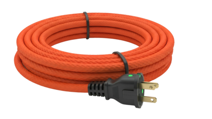 Coiled orange electrical cord with a black plug on a black background, with a green light