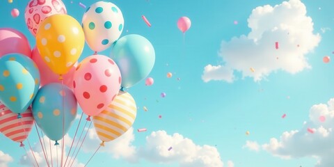 A cheerful cluster of pastel-colored balloons floats joyfully against a vibrant blue sky, adorned with confetti, creating a festive and lighthearted scene.
