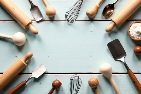 Rustic Kitchen Utensils Arranged on a Light Blue Wooden Surface Creating a Delightful Baking Scene