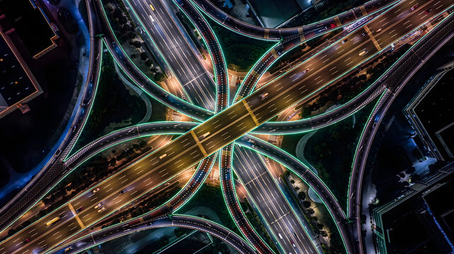 Illuminated Highway Interchange Aerial Night View with Traffic Flow