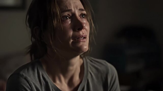Woman's face expresses deep sorrow and pain while looking down.