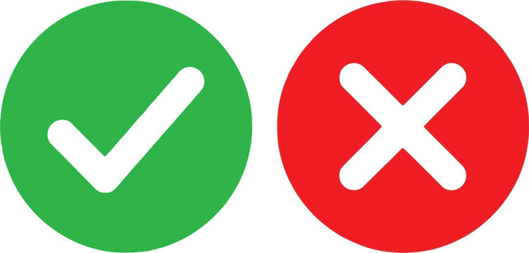 Green check mark and red cross symbols for yes no correct incorrect decision choices approval rejection options vector