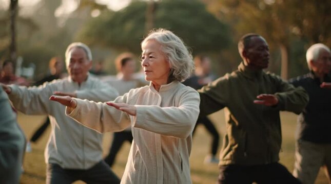 Active elderly people practicing Tai Chi in a park during a serene morning