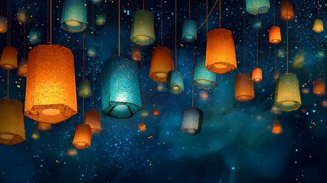 Festive Christmas background image showcasing bright glowing parol‑style paper lanterns surrounded by fir sprigs, frost accents, and a calm, magical seasonal atmosphere water drops on glass