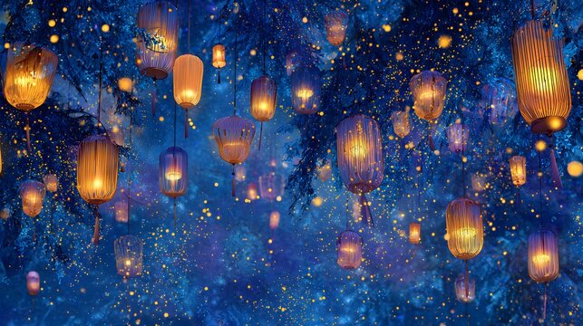 Nostalgic Christmas illustration‑style wallpaper depicting paper lanterns lit from within, strung across a winter scene with evergreen trees, soft snow, and a tranquil holiday rain drops on the window