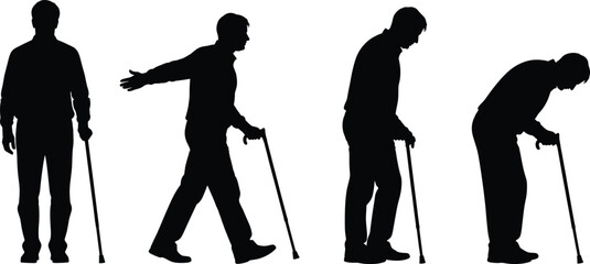 Silhouette cane walking stages, aging posture, black vector art, mobility decline, elderly figure, medical motion, support design, stock illustration