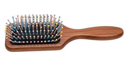 A wooden hairbrush with multi-colored bristles on a black background, angled view