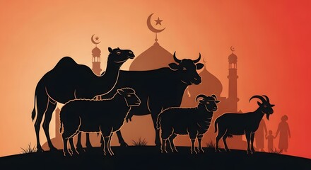 Silhouette of livestock with mosque at sunset against orange background