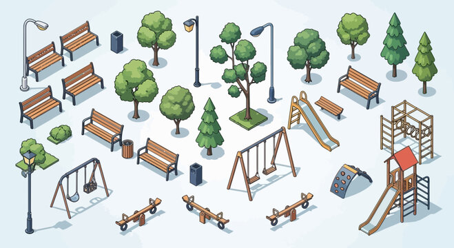 A collection of isometric park and playground elements for creating a vibrant urban recreation area scene