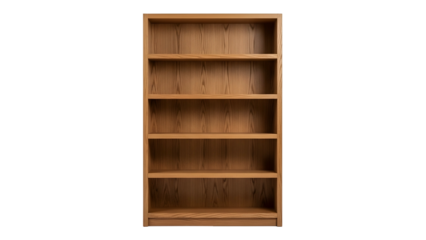 Tall, empty wooden bookcase with multiple shelves, set against a black background