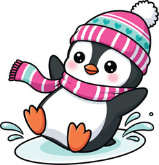 Cute penguin sliding on ice in winter hat and scarf
