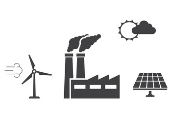 Fototapeta premium solar panel and wind turbine with factory icon
