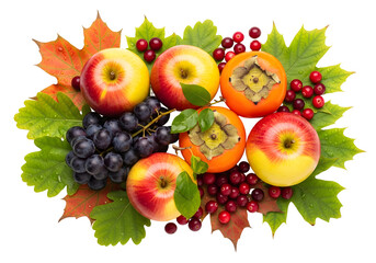 Vibrant Assortment of Autumn Fruits Apples Persimmons Grapes and Cranberries Arranged with Colorful Maple Leaves on a Transparent Background