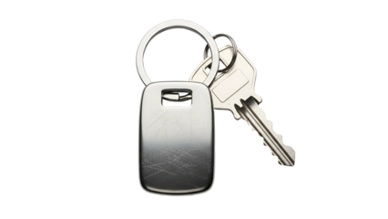 A shiny silver keychain with a key attached, isolated on a black background