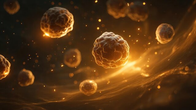 Glowing orange cells floating in a microscopic environment. Concept Bioluminescent cells, Microscopic environment, Orange glow, Floating cellular imagery, Microbiology art