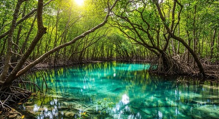 Tranquil waterway scene with lush green trees and clear turquoise water